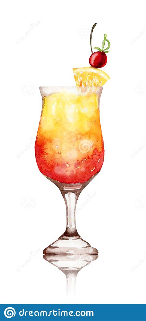Hand Drawn Watercolor Sex On The Beach Cocktail On White