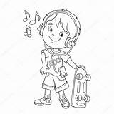 Coloring Boy Music Outline Listening Headphones Kids Skateboard Stock Vector Book Cartoon sketch template