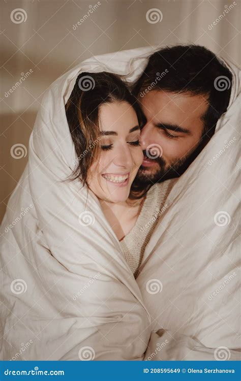 Romantic Hugging Couple Under The Blanket Stock Image Image Of