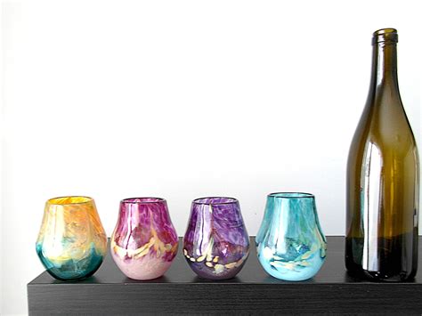 Hand Blown Stemless Wine Glass Set In Warm Pastels Set Of 4 Etsy