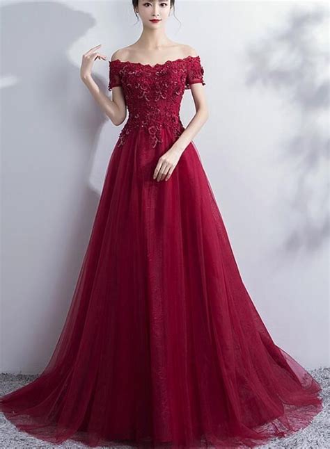 Wine Red Off Shoulder Tulle And Lace Evening Gowns Beautiful Formal