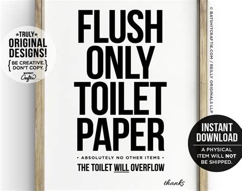flush  toilet paper printable  bathroom sign etsy
