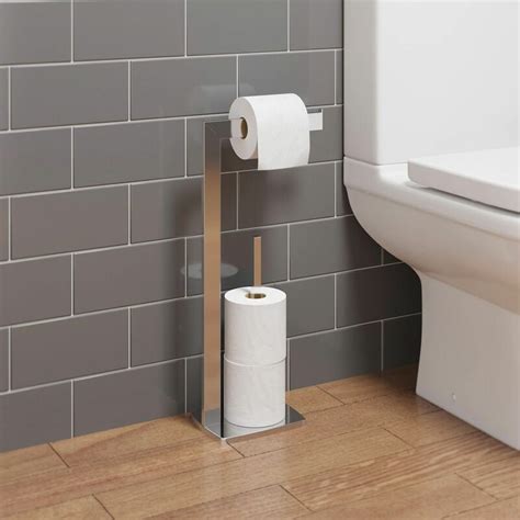 bathroom wc square floor standing chrome toilet roll holder modern storage tidy pwfstrh