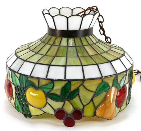 sold price antique leaded stained glass fruit pattern hanging lamp
