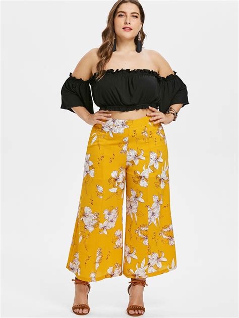 Gamiss Plus Size Off Shoulder Crop Top And Floral Pants Two Piece Women