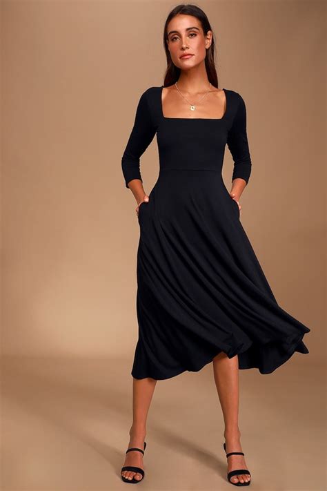 black midi dress three quarter sleeve dress a line midi dress lulus