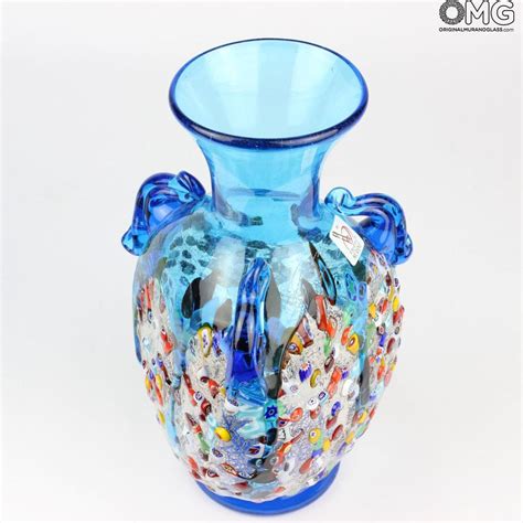 Anfora Light Blue Vase Murano Glass Millefiori
