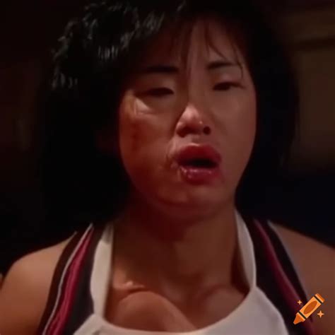 asian woman fighter in 80s fight scene with wobbly head and bruised