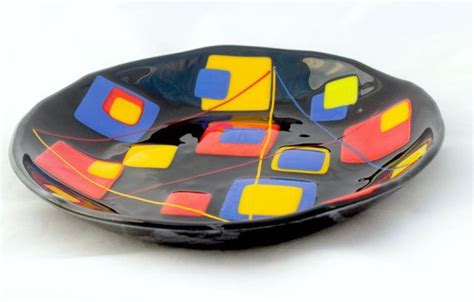 Fused Glass Bowl In Black With Primary Color Accents 11 5 Inches In