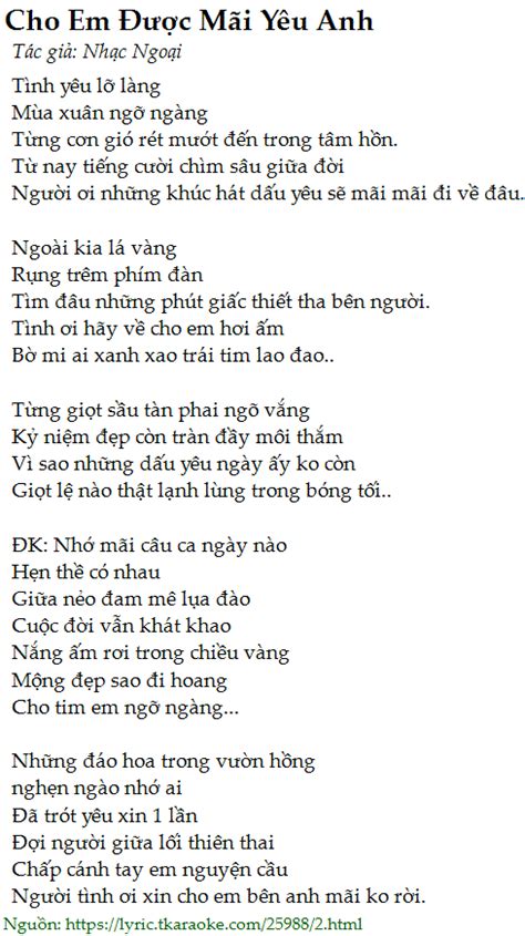 Loi Bai Hat Cho Em Duoc Mai Yeu Anh Nhac Ngoai [co Nhac