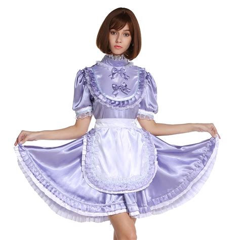 Hi Neck Frilly Sissy Lockable Lavender Satin Dress Costume Crossdress