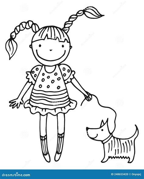 girl walking  dog happy child  friendly pet stock illustration