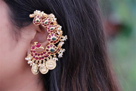 alluring peacock designer ear cuff earrings south india jewels