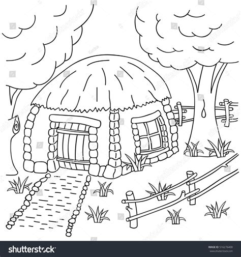 hand draw village house   fence coloring book page  adults