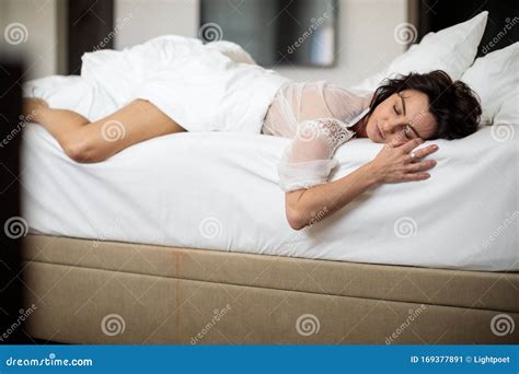 Beautiful Young Woman Sleeping On Bed At Bedroom Stock Image Image Of