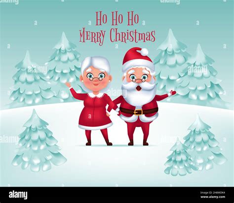 Ho Ho Ho Merry Christmas Santa Claus Mrs Claus On Winter Snow