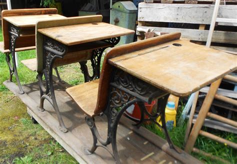 antique school desks  wooden student desks  rail iron