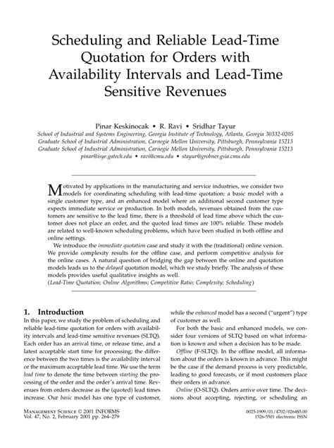 scheduling  reliable lead time quotation  orders
