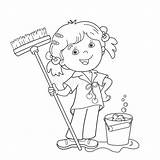 Mop Coloring Cartoon Girl Outline Bucket Chores Doing Kids Housework Vector Stock Drawing Clip Sheets Floors Book Kid Washing Template sketch template