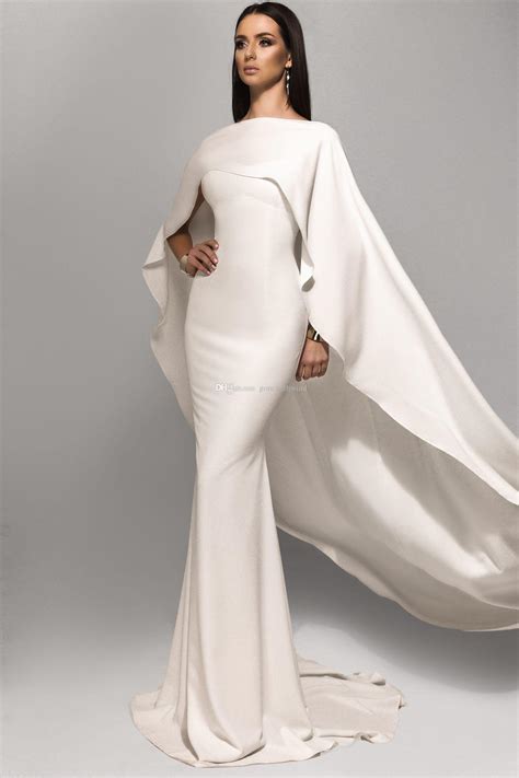cape sleeves wrap white satin arabic evening dresses  mermaid semi