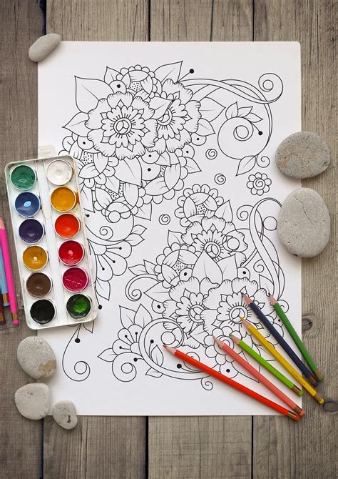 botanical coloring page  children  adults art therapy floral