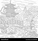 Coloring Chinese Japanese Adult Pagoda Vector sketch template