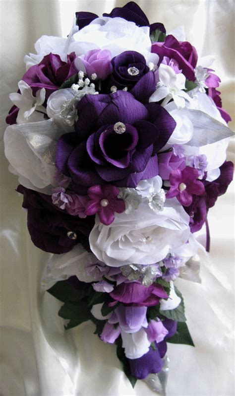 17 pcs wedding bouquet bridal silk flowers plum purple
