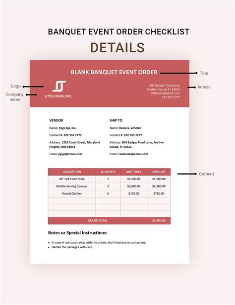 blank banquet event order template  word google docs pages