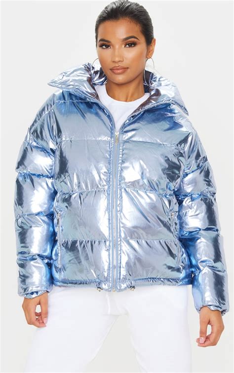 blue metallic puffer coats jackets prettylittlething il