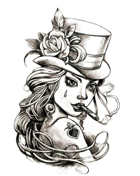 lady wtophat temporary tattoo   skull girl tattoo sketch