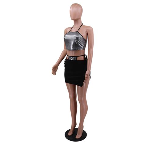 sexy halter crop top and slit mini skirt two piece set on sale for us