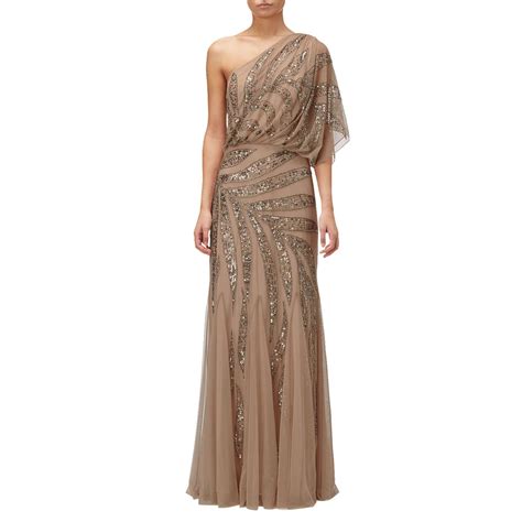 adrianna papell one shoulder long beaded dress taupe pink