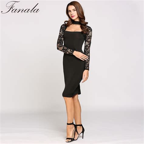 fanala 2017 fashion women casual black sex dress long lace sleeves knee