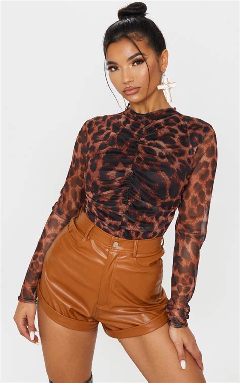 Tan Leopard Print Mesh Ruched Bodysuit Tops Prettylittlething Usa
