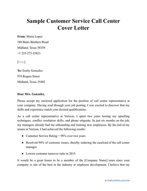 sample customer service call center cover letter  printable