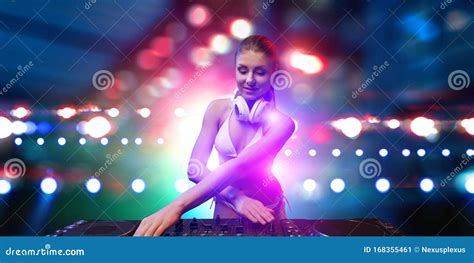 cute dj woman  console mixed media stock image image  disco headphones