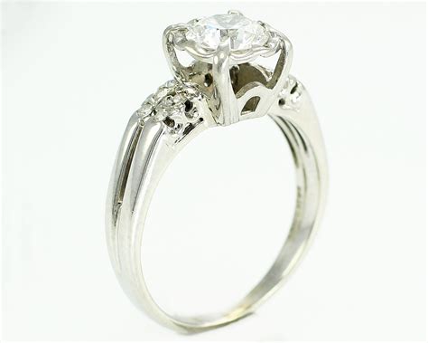 Diamond Wedding Ring Vintage 14k White Gold Old European Cut Round