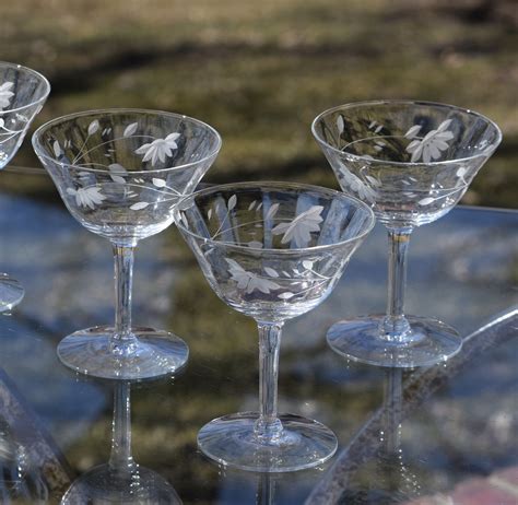 Vintage Floral Etched Cocktail Glasses Set Of 6 Gin Cocktail Glasses