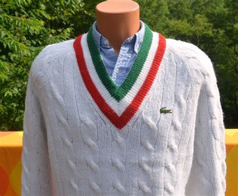 Vintage 70s Izod Lacoste Sweater V Neck Tennis Stripes White Green Red