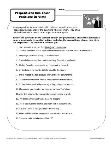 preposition worksheet prepositions  show positions  time