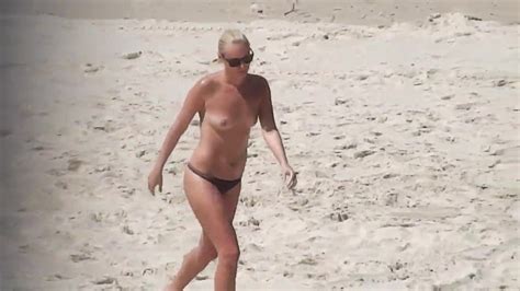 Topless Blonde In Thong Bikini At Beach Voyeur Candid