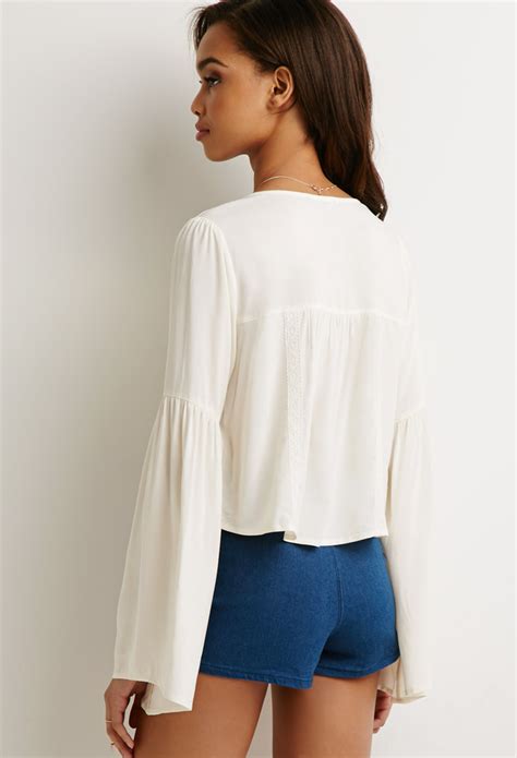 Forever 21 Embroidered Bell Sleeve Peasant Top In Natural