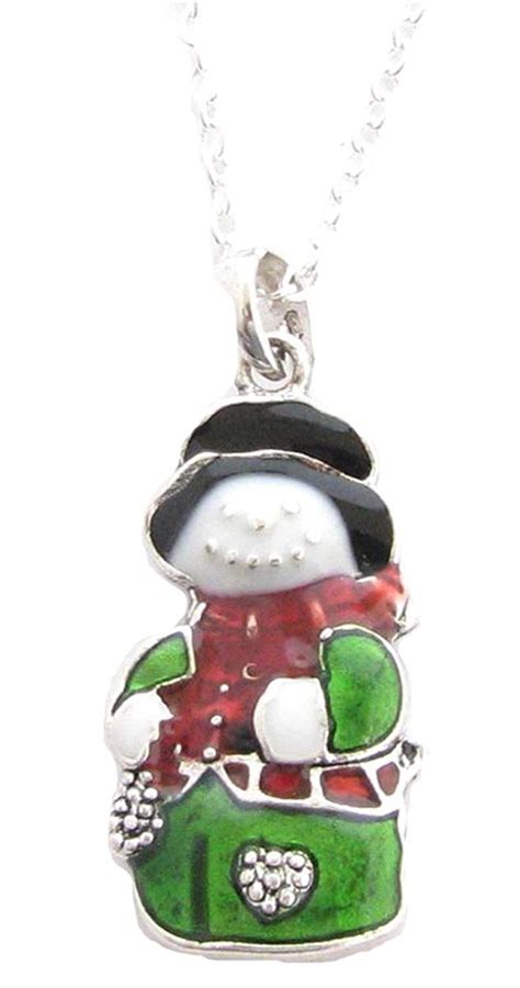 snowman silver chain necklace red green white enamel jewelry christmas holiday