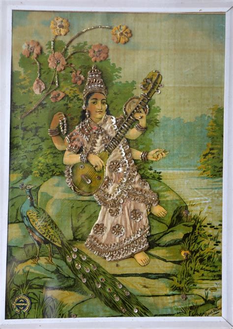 Vintage Saraswati Peacock Hindu Goddess Altar Picture