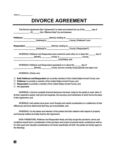 divorce agreement template create   divorce agreement form