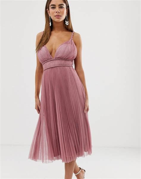 lyst asos belted pleated tulle cami midi dress  pink