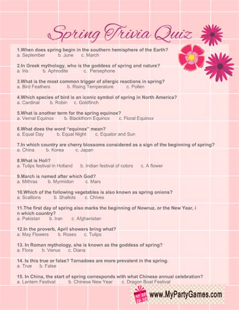 printable spring trivia quiz  answer key