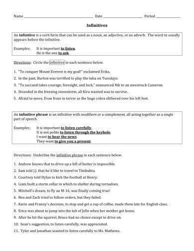 infinitive phrase worksheets  examples  examples