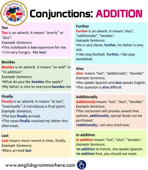 conjunctions addition connecting words adding information english grammar connecting