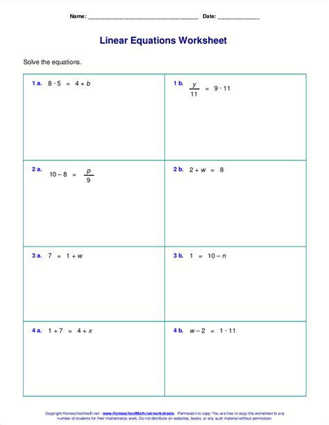 worksheets  linear equations grades   pre algebra algebra